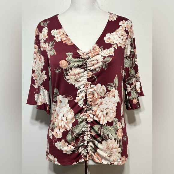 Vintage Y2K Floral Cinch Front Bell Sleeve Blouse by Ultra Flirt - Picture 3 of 14